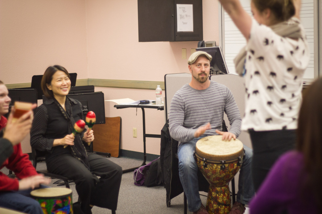 Dr. Feilin Hsiao participating in a drum circle, part of the curriculum in University of the Pacific’s Music Therapy Program.